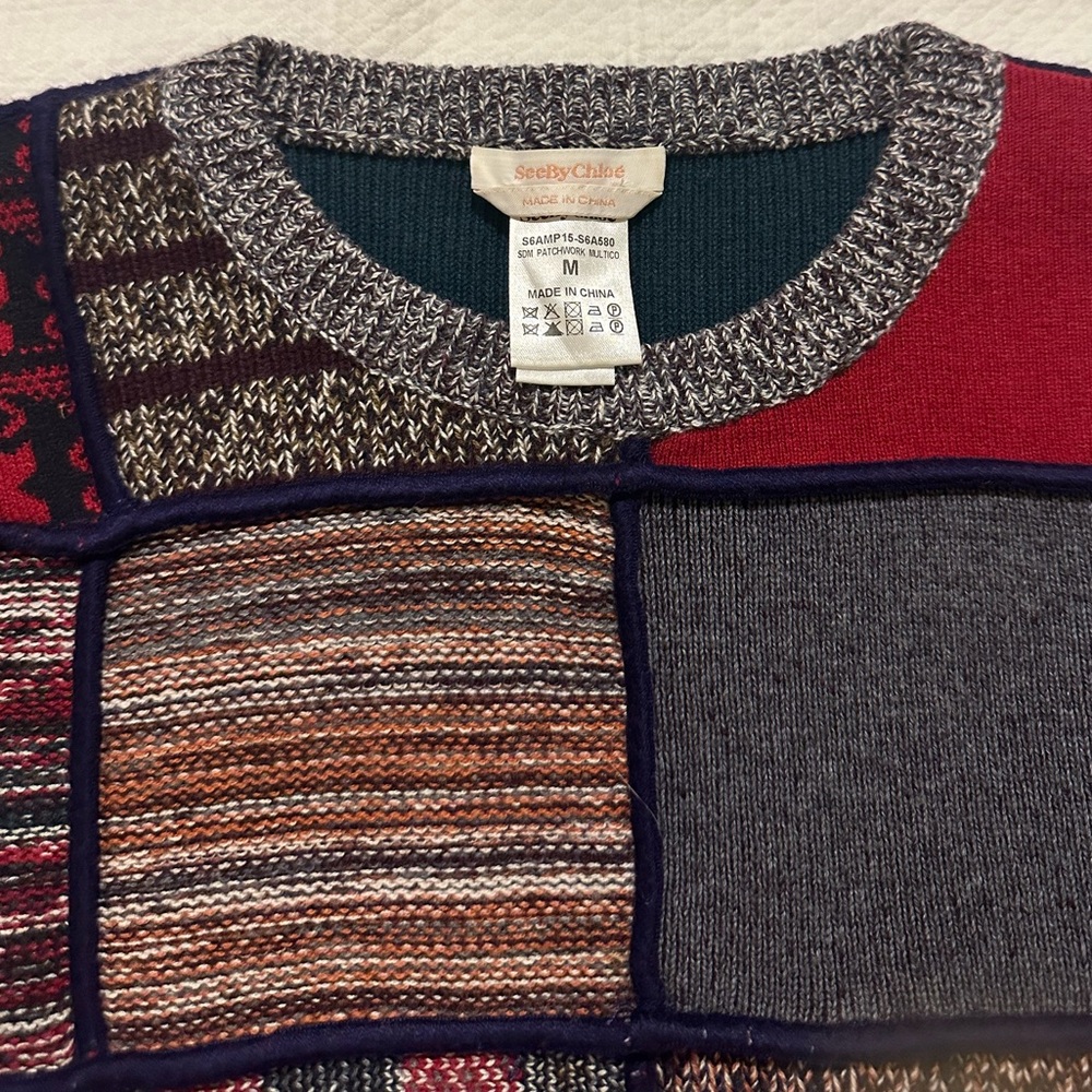 See By Chloe Patchwork Sweater - Green/Multi Sz M - image 5